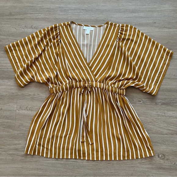 Motherhood Maternity Tops - Motherhood Maternity Tie Front Blouse Flutter Sleeves Yellow Ivory Stripe Sz M